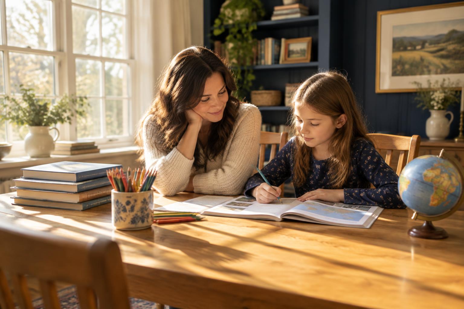 A parent and child working through a workbook together at a sunlit table