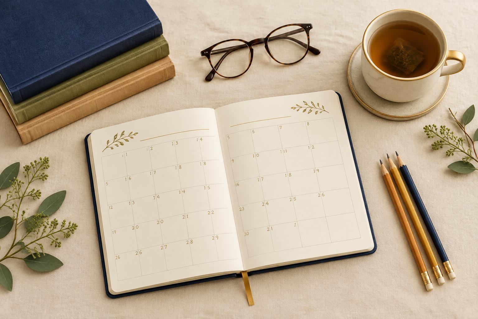 A planner, textbooks and pencils laid out on a linen surface