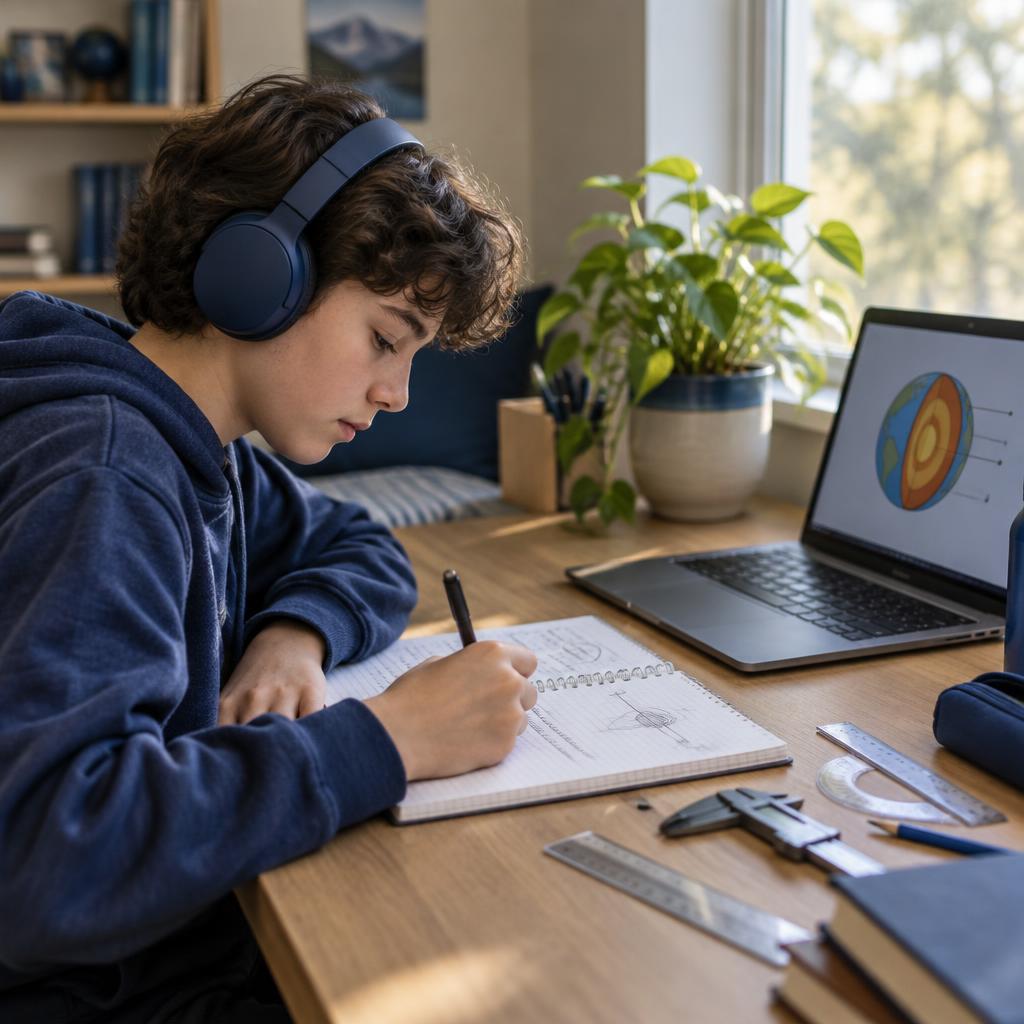 A scholar writing in a spiral notebook beside a laptop during a lesson